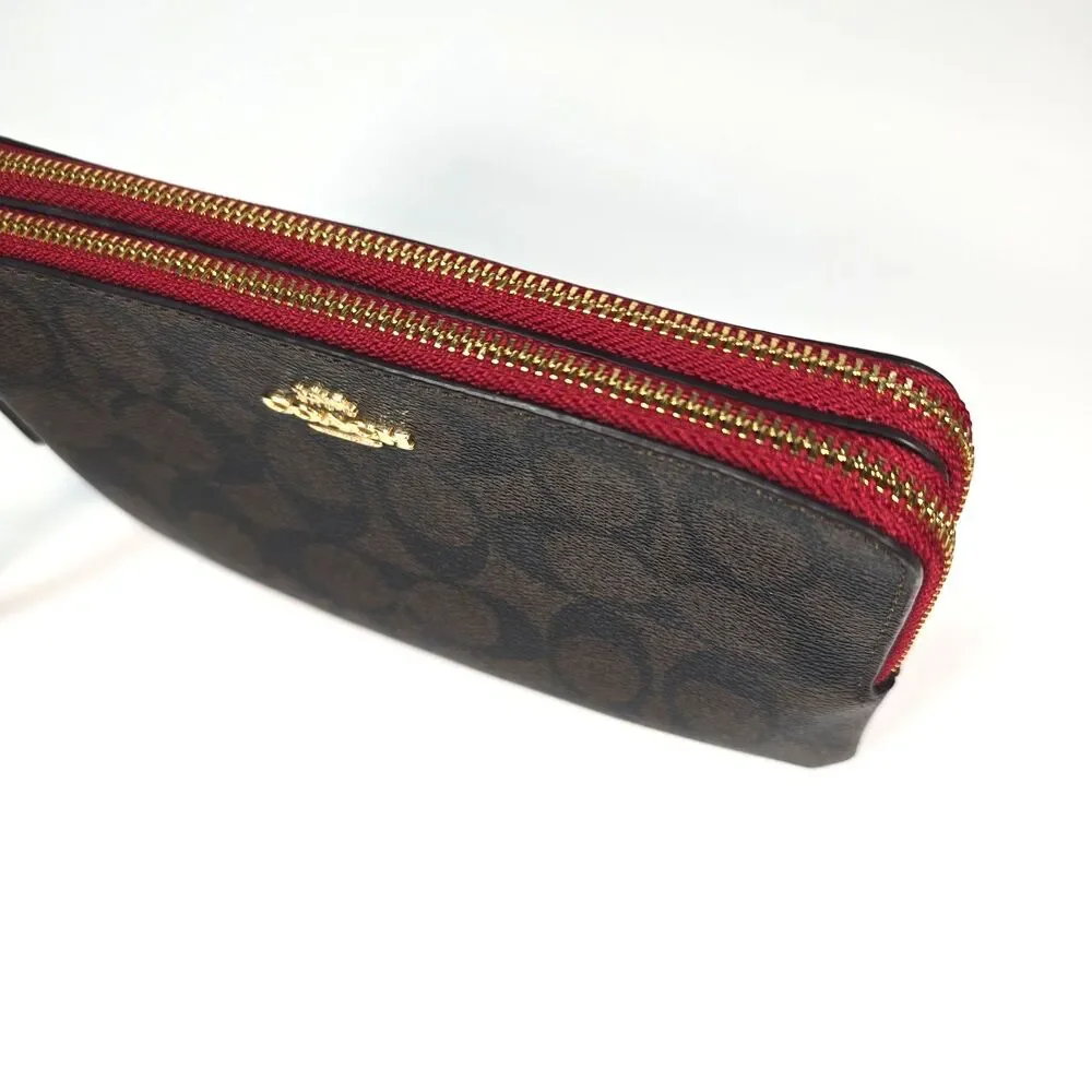 Coach Signature Double Zip Wristlet Wallet Brown Canvas Red Trim Leather